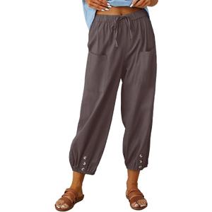 Women's Capri Pants High Waist Drawstring Cinch Bottom with Button Cotton Loose Casual Trouser with Pockets L