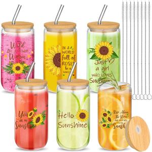 Maxcheck 6 Set 16 oz Sunflower Gifts for Women Inspirational Glass Cups with Lids and Straws Birthday Holiday Gift Tumbler Iced Coffee Drinking Cups with Warm Saying for Mom, Teacher, Friend