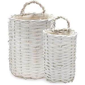 AuldHome Design Wall Hanging Baskets (White, Set of 2); Woven WIcker Rustic Farmhouse White Washed Door Baskets, Small and Medium Size