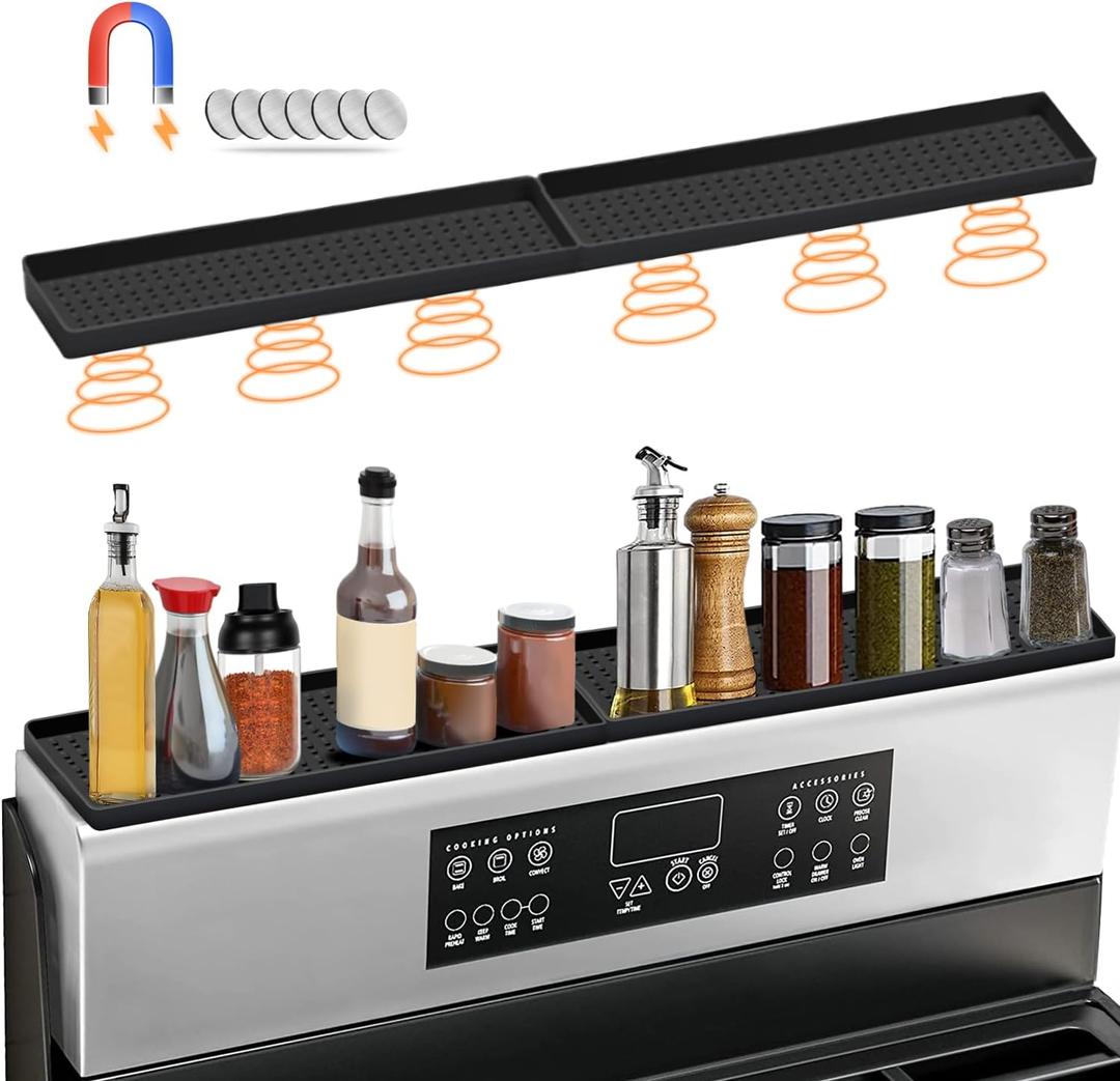 30 Inch Silicone Magnetic Stove Top Shelf, Kitchen Shelf Over Stove Spice Rack Apartment Must Haves Kitchen Gadgets for Above Stovetop Seasoning Organization and Storage with 2 Functional Prtitions (Black)