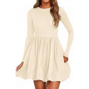 PRETTYGARDEN Fall Dresses for Women 2026 Casual Long Sleeve Bubble Cute Crew Neck A Line Mini Short Dress with Pockets (Medium)