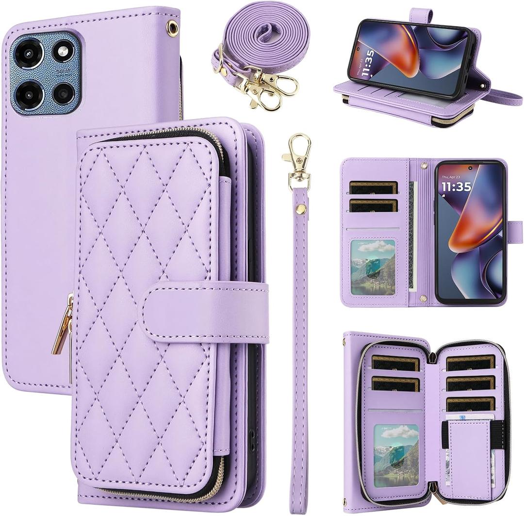 Argyle Wallet Case for Motorola Moto G 5G 2025 with Wrist/Shoulder Strap, 9+ Card Slots Zipper Purse Luxury PU Leather Stand Checkered Cell Phone Cover for G5G 5 G G5 Women Girls Purple