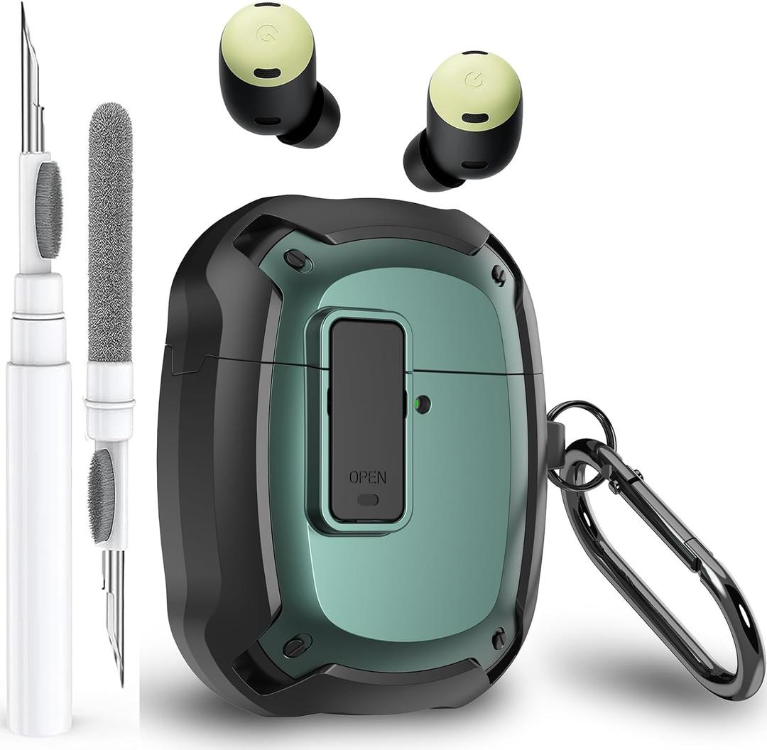 for Google Pixel Buds Pro/Pro 2 Case Cover with Lock Clip & Cleaner Pen 2022/2024, Shockproof Protective Hard Shell Skin with Carabiner Men Women - Black/Green