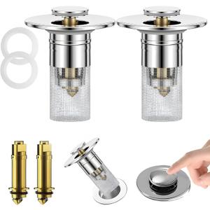 2Pcs Universal Bathroom Sink Stopper Pop Up Drain - 3 in 1 Removable Stainless Steel Strainer Hair Catcher, Brass Core Filter Basket for 1.1"-1.45" Sink BasinSilver