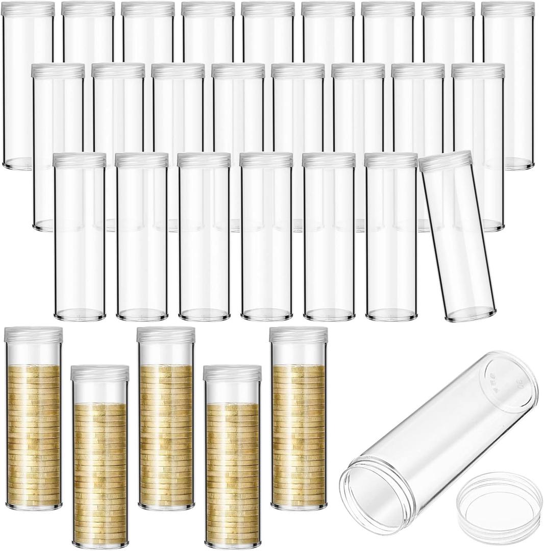 Roowest 30 Pieces Coin Storage Tube Penny Coin Tube Plastic Round Clear Penny holder Container Organizer with Screw on Lid for Collection Supplies Bank Rolls