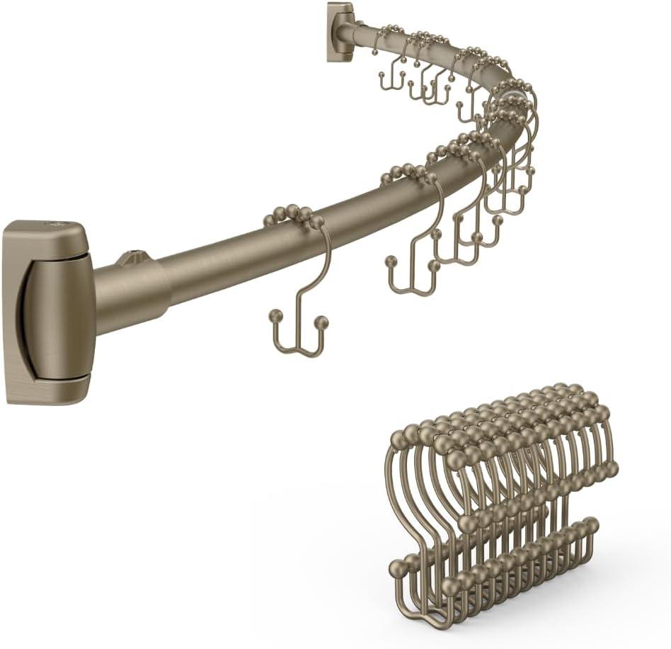 CalcMetal 42-72 Inches Adjustable Arched Curved Shower Curtain Rod with 12 Pcs Shower Curtain Rings for Bathroom, Fitting Room, or Kitchen, Wall Drill Needed, Easy Installation, Satin Nickel