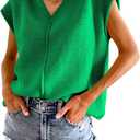Saodimallsu Women's V Neck Cap Sleeve Lightweight Knit Sweater Top (Green, S)