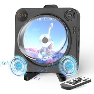 Bluetooth CD Player with Speakers DESOBRY Small Wall CD Player for Home with Remote Control FM Radio Digital Screen Headphone Jack, Support AUX USB, Black