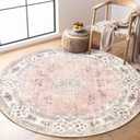 MUJOO Pink Round Rug 4ft,Circle Washable Area Rugs for Bedroom Living Room Bathroom,Boho Small Non Slip Circular Carpet,Blush Floral