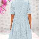 BTFBM Womens Boho Summer Dresses 2026 Spring V Neck Short Sleeve Hollow Out Lace Ruffle Casual Beach Mini Vacation Dress (M)