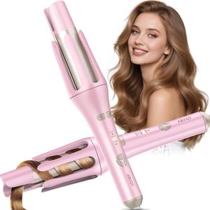 Automatic Rotating Curling Iron 1 1/2 inch, ABVOT Pro Long Barrel Hair Curlers for Long Hair, Anti-Scald & Tangle, Ionic Ceramic Travel Dual Voltage Curling Wand for Shiny & Effortless Curls (Starlight Blush Pink)