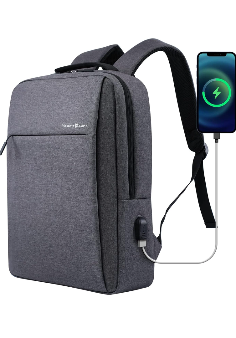 Victoriatourist Laptop Backpack 15.6 Inch, Business Slim Durable Travel Backpacks with USB Charging Port, College Computer Bag Gifts for Men and Women Fits Notebook (Grey)