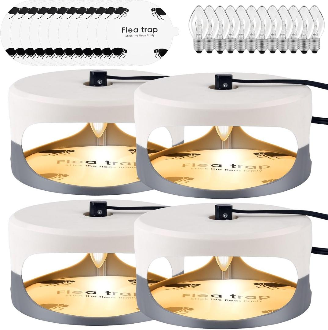 Flea Trap 4 Packs  Premium Flea Traps for Inside Your Home  Natural and Child-Friendly Light Trap for Indoor with Natural Glue Discs Refills and Lightbulb