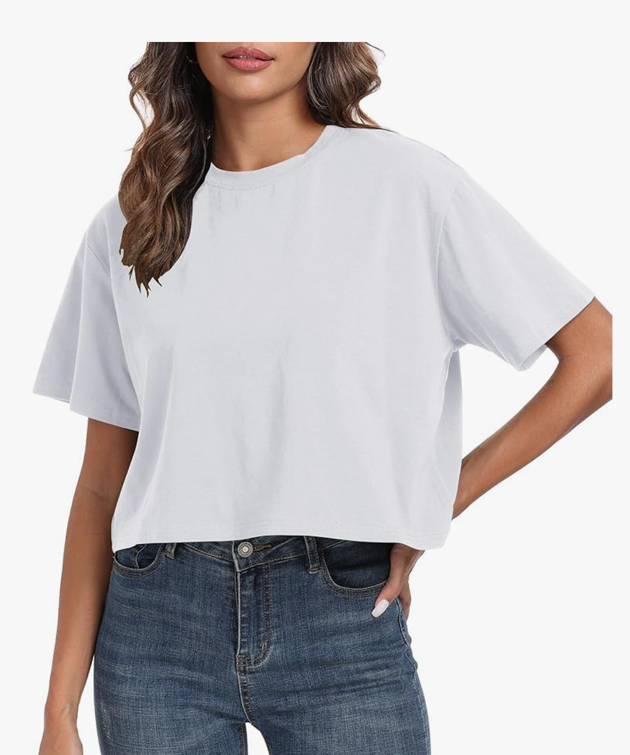 FIORENCE Women's Oversized Workout Cropped T Shirts Crew Neck Short Sleeve Casual Loose Summer Crop Tee Tops Cotton M