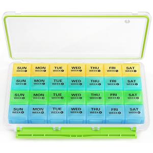 BUG HULL Monthly Pill Organizer, Moisture-Proof Large 28 Days Pill Box with Removable 4 Weeks Pill Case Rows, Medicine Pill Organizer, Travel Pills Organizer with One Month Pill Container for Vitamin (Green)