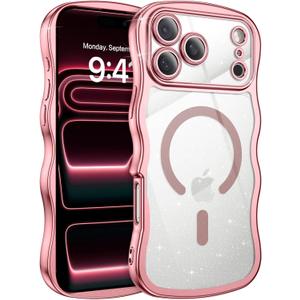 BENTOBEN Clear Glitter for iPhone 17 Pro Max Case 2025 [Compatible with MagSafe] Cute Curly Wavy Plated Anti-Slip Magnetic Hard Back Women Men Girls Boys Phone Cases Cover for 17 Pro Max 6.9", Pink