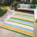 GAOMON 9x12 Large Outdoor Rug Waterproof for Patio Plastic Straw Rug Geometric Stripe Indoor Outdoor Area Rug Modern Lines Outdsid Camping Rugs for Backyard Balcony Trailer, Yellow Blue Green White