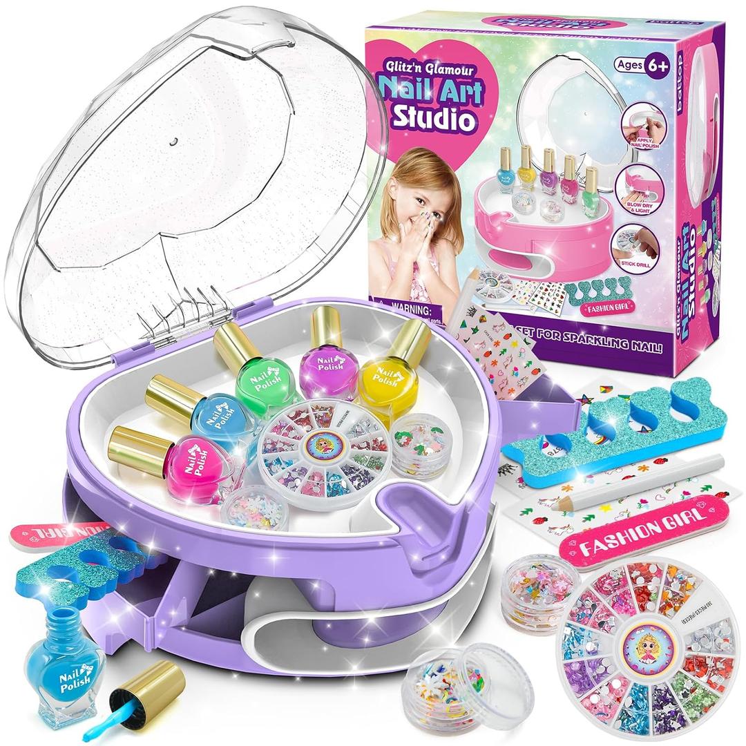 Kids Nail Polish Set for Girls, All-in-One Nail Art Kit for Kids with Nail Dryer & DIY Decorations, Peelable Nail Polish/Stickers/Gems/Nail File&Tools, Gifts for Girls Age 7-12 (Purple)