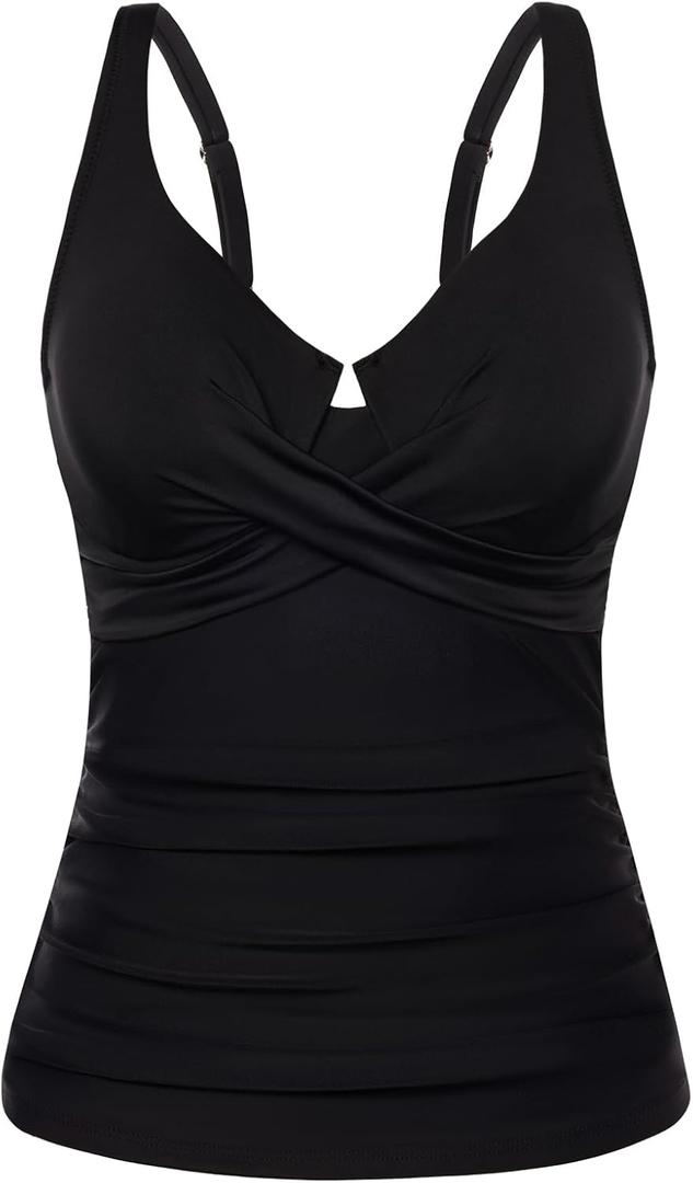 Hanna Nikole Tankini Tops for Women, Push Up Underwire Swimsuits, Removable Padded Bathing Suit Tops Only (Large, Black)