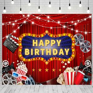 Movie Night Theme Birthday Backdrop for Party Decorations 10x8ft Lights Camera Action Red Curtains Popcorn Photoshoot Background Large Fabric Adults Party Decorations
