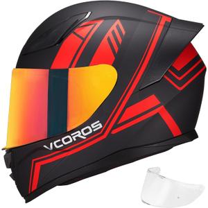 VCOROS Motorcycle Full Face Helmet for Unisex-Adults DOT Approved WS-609 Motorbike Street Bike Racing Helmets, Matte Red Lines, Small