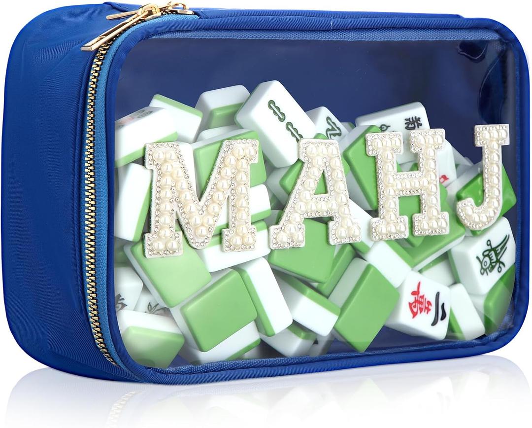 Empty Mahjong Tile Bag American PVC Clear Mahjong Case Size 166 Waterproof Zippered Storage Tile Holder Rack Bag for Game Lover Gift Travel, Case Only (Navy Blue, Mahj)