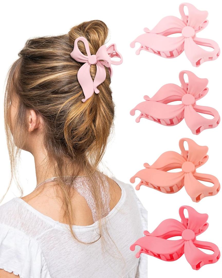 4 PCS Bow Hair Clips Bow Claw Clip for Women, Large Hair Claw Clips for Thin Thick Long Hair Cute Nonslip Bows(Cute Pink Series)