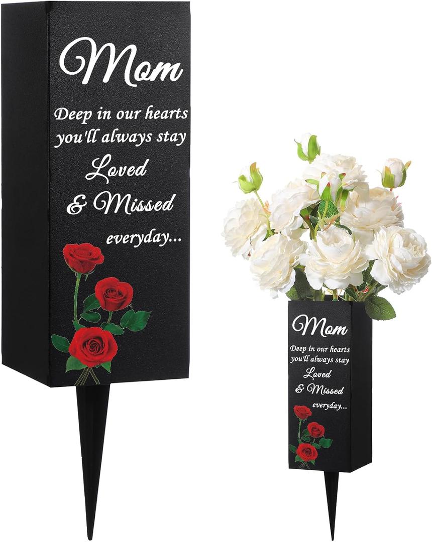 Geosar Mom Cemetery Vases for Grave Metal Cemetery Grave Flower Vase Memorial Flower Holder with Spike Mom Floral Graveyard Decorations for Burial Ground Lawn Yard Funeral Favors