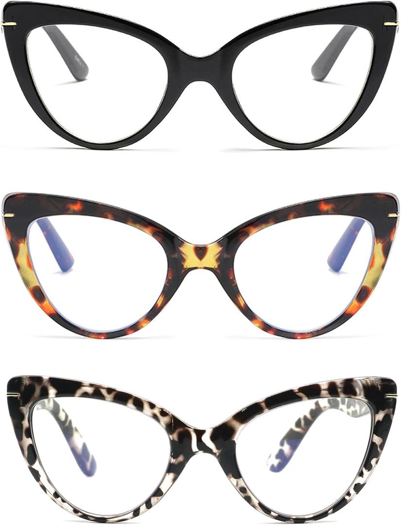 Oversized Cat Eye Reading Glasses for Women Fashion Cute Blue Light Blocking Computer Readers(3-Pack,1.50) (Black,brown Tortoise,white Tortoise)