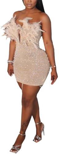 Geulis Women's Sexy Strapless Dress See Through Feather Rhinestone Mini Dress Bodycon Birthday Dresses with Thongs, Size M