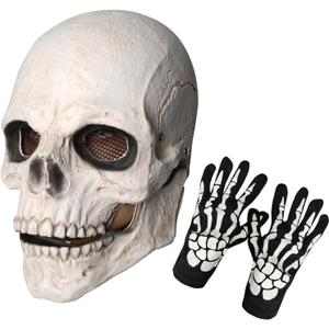 Skull Mask Moving Jaw Halloween Creepy Skeleton Latex Mask Full Head For Adults Party Costumes (White)