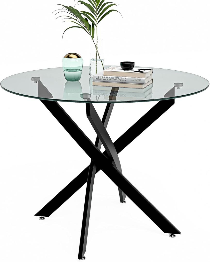 Round Dining Table for 2-4, 31.5 Inch Tempered Glass Small Circle Kitchen Table with Metal Black Legs, Modern Dining Room Table for Kitchen Dining Room (Black), 31.5" x 31.5" x 29.5"