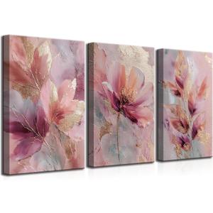 3Pcs Pink Gold Abstract Floral Canvas Wall Art Modern Luxury Elegant Floral 3D Textures Painting Picture Wall Decor Posters Prints Artwork for Living Room Bedroom Home Decoration