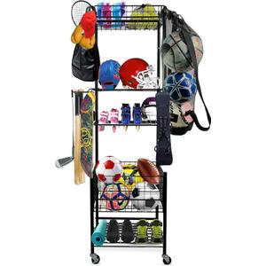 Garage Sports Equipment Organizer, Ball Storage Outdoor Toy Storage, 5 Layers Sports Outdoor Rack Nerf Gun Rack Basketball Rack for Balls with Holder and Hooks