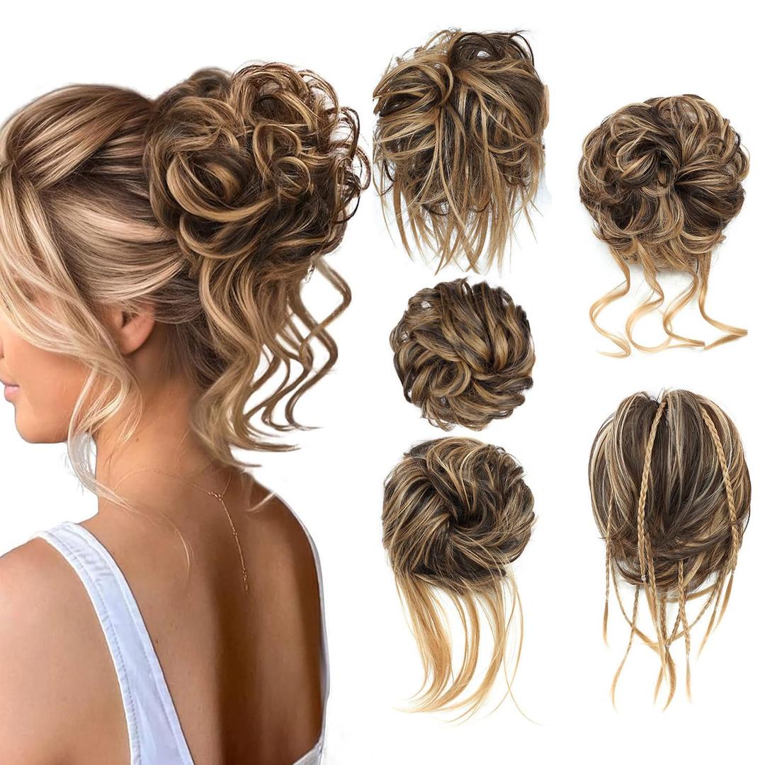 5 PCS Messy Bun Hair Piece for Women Scrunchies Ponytail Extension with Elastic Pieces for Updos Fake Hair Buns Hair Piece Accessories Set for Women (Brown & Champagne Blone)
