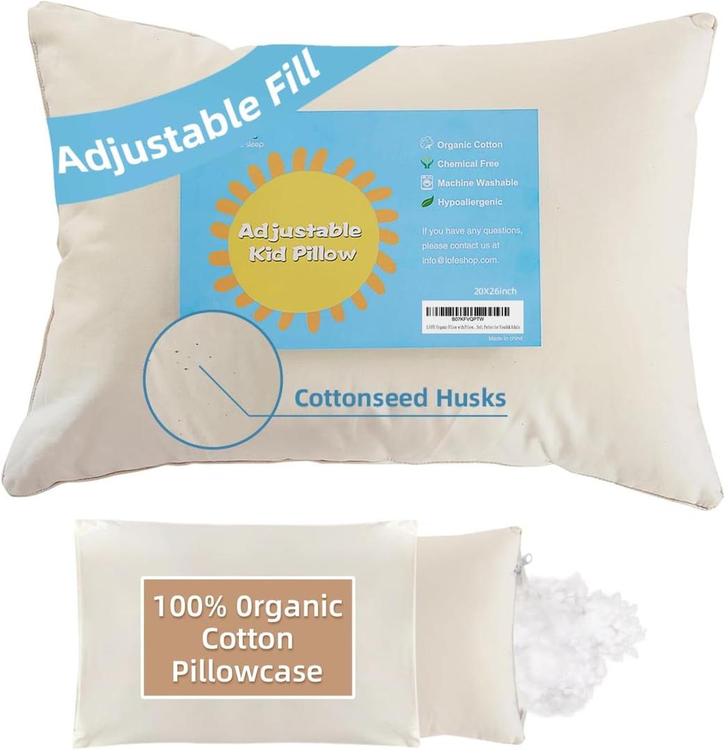 LOFE Organic Pillow with Pillowcase - 20x26 Organic Standard Pillow with 100% Organic Cotton Shell, Adjustable Loft Youth Pillow, Machine Washable, Soft, Perfect for Youth & Adults (Off White)