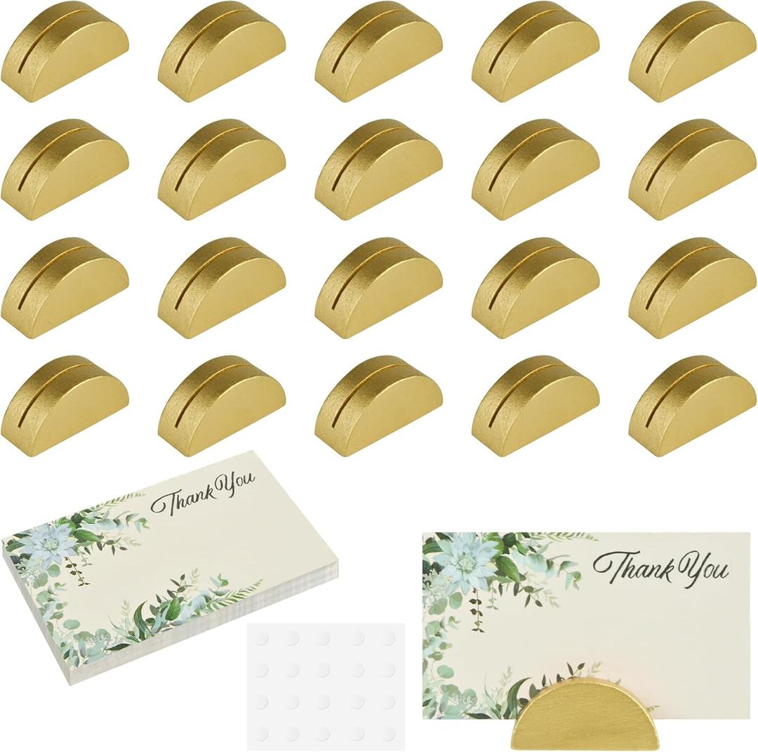 20PCS Gold Table Number Holders & 30PCS Thank You Table Place Cards, Wooden Card Holder Tables Sign Holders with Glues, Half-Round Tables Numbers Stands for Wedding Party Office Tag Restaurant