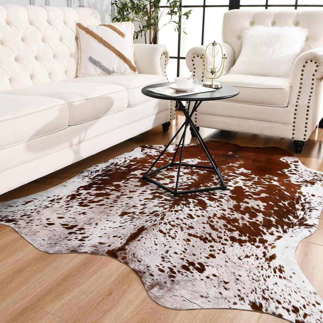 Easycozy Faux Cowhide Large Cow Print Rug - 4.7 x 5.2 Feet, Thickened Elastic for Bedroom, Living Room, Home Office, Western Decor (Brown)