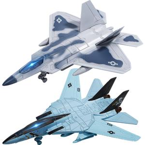 Double Fighter Jet Toy, F14 & F22 Diecast Planes with Lights & Sounds, Pull Back Military Airplane Toy Gift for Toddler,Kids, Boys