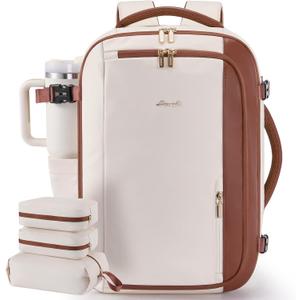 LOVEVOOK 40L Travel Backpack for Women,Carry on Luggage Backpack Flight Approved with 3 Packing Cubes,Waterproof Personal Item Travel Bag fits 17 Inch Laptop,Overnight Weekender Business Daypack (Large-40L-4Pcs, Beige White-Brown)