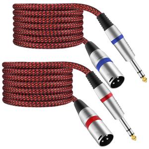 XLR Male to 1/4" TRS Cable Balanced - 10FT Quarter Inch Stereo to XLR Microphone Cord Adapter, Nylon Braided, OFC Shielded, Red Color, for Mixer, Monitor Speaker, Audio Interface, 2Pack (10 Feet, 2 Pack)