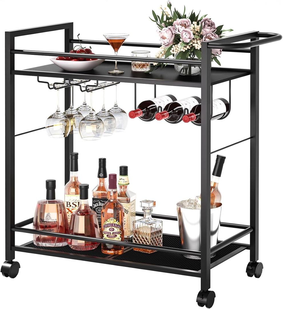 Joaxswe Bar Cart,Home Bar Serving Cart with Storage Shelves, 2 Tier Rolling Beverage Cart with Wheels, Modern Wine Cart with Wine Rack and Glass Holder for Kitchen, Living Room,Dinning Room,Black
