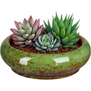 7.3 Inch Succulent Planters Pots Shallow Ceramic Glazed Planter Pots, Lotus Bowl Planter Round Shallow Planter Water Lily Pot for Indoor/Outdoor Plants Decorative (Green