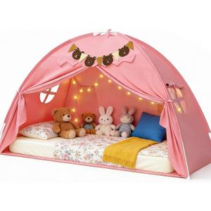 Twin Bed Tent, Bed Canopy Bunk Bed Tent with Stars Light & Flags, Breathable Sleeping Tent, Privacy Space Dream Playhouse for Indoor Bedroom Floor, Portable Foldable Play Tent with Storage Bag, Pink