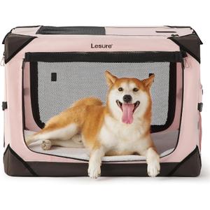 Lesure Collapsible Dog Crate - Portable Travel Kennel for Medium Dog, 4-Door Pet Crate with Durable Mesh Windows, Indoor & Outdoor, Pink (30.0"L x 21.0"W x 21.0"H)