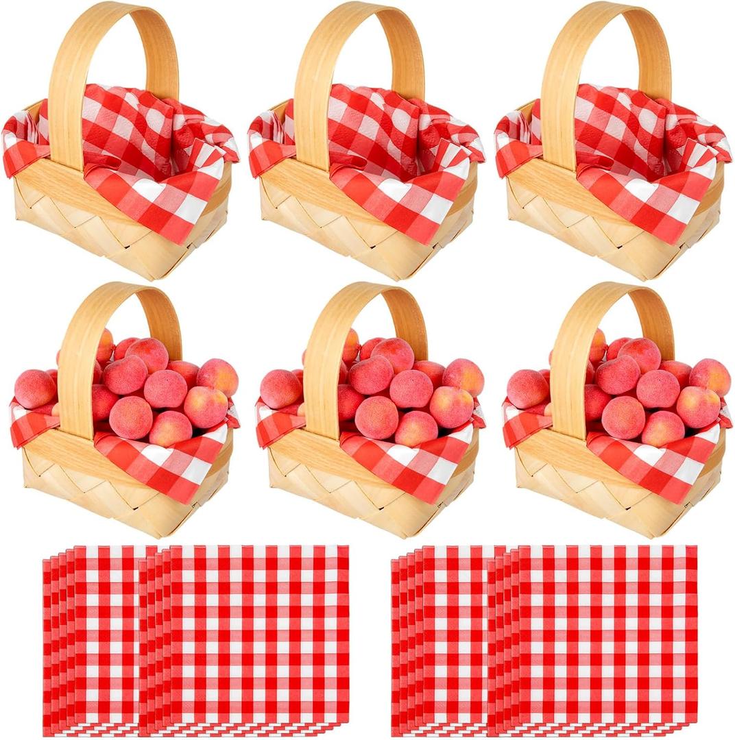 6 Pcs Mini Woven Baskets with Handles 20 Sheets Red Gingham Paper Napkins Wood Chip Small Flower Fruit Picnic Baskets for Wedding Party Favors Farmhouse Decor