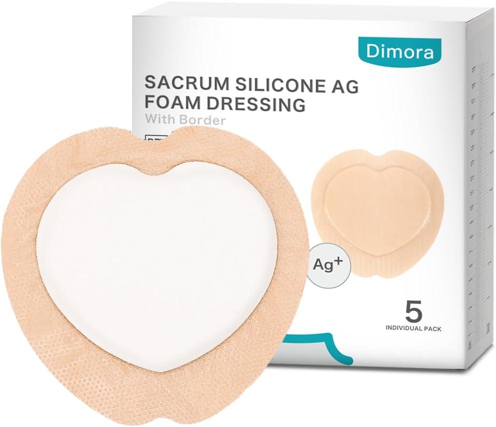 Dimora Ag Silver Sacrum Foam Wound Dressing Bandages Silicone Adhesive Border 7"x7" Waterproof Sacral Pads Absorbent Breathable Bed Sore Pressure Dressing (Pack of 5)