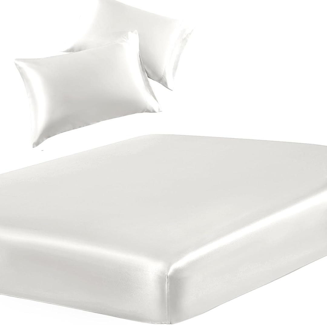 SiinvdaBZX 3-Piece Set Satin Full Fitted Sheet & 2 Pillowcase, Ivory White Silky Soft Fitted Bottom Sheet, Wrinkle Free, Fade Resistant, Deep Pocket Bed Sheet (Deep Up to 15")