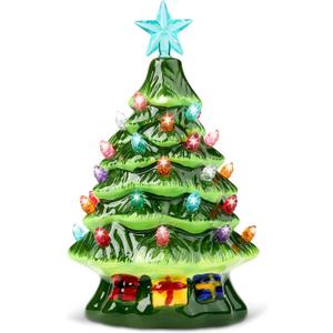 Joiedomi 7" Ceramic Christmas Tree with Gift Box, Mini Prelit Tabletop Christmas Tree with Multicolored Bulbs for Best Desk Decoration (Green)