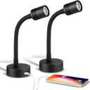 12V Dimmable Reading Light, RV Boat Bedside Reading Lamp, LED Reading Light for Camper Van Travel Trailer Truck Motorhome, Inbuilt USB-C Charger, Black Finish, 2 Pack